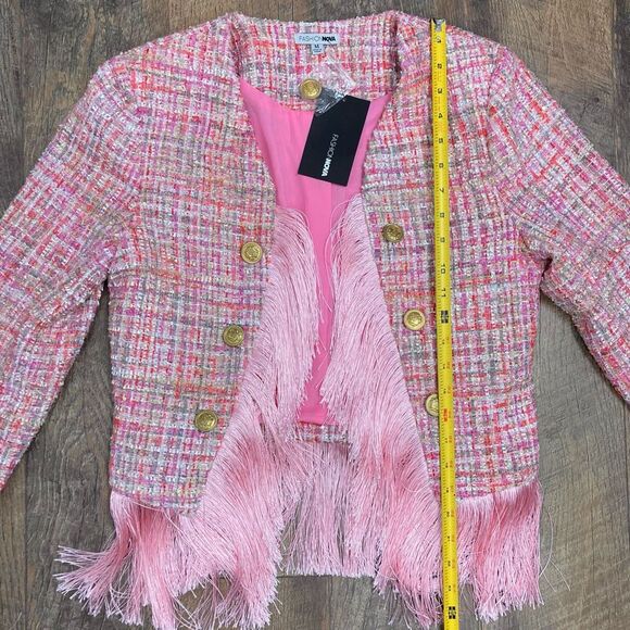 Fashion Nova Pink Tweed Fringe Jacket Boho Festival Barbie Western Preppy sz M - Picture 8 of 10